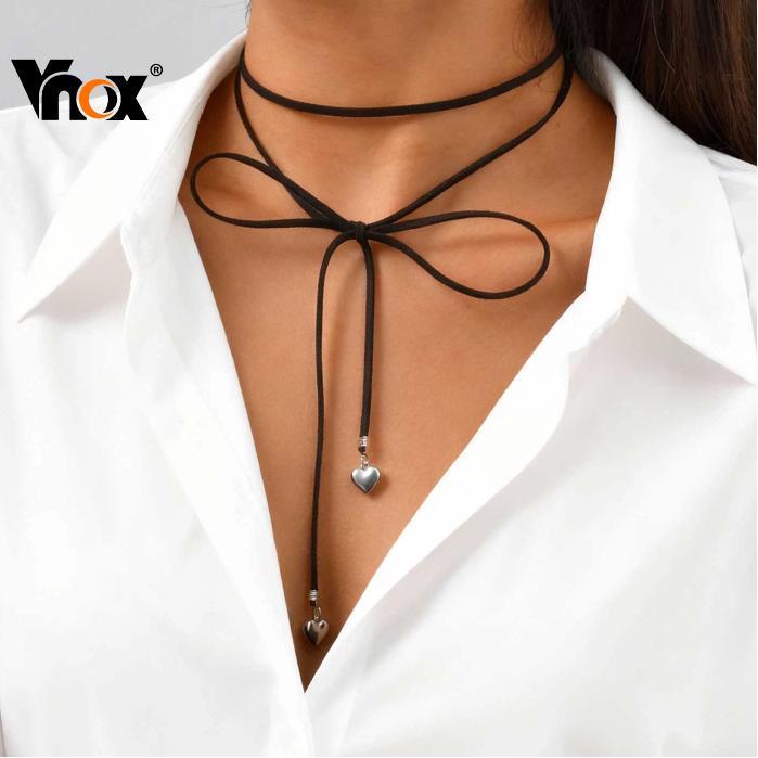 Vnox Elegant Bowtie Leather Cord Necklace Bowknot Charm Neckchain Adjustable Length Clavicle Chain Accessory for Women