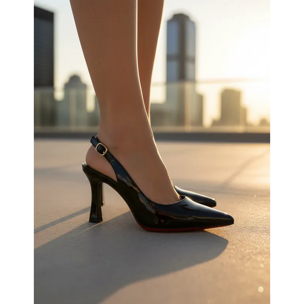 Scarpin Feminino Slingback Verniz Preto Sola Vermelha Salto Alto Elegante Luxo Festa Confortável