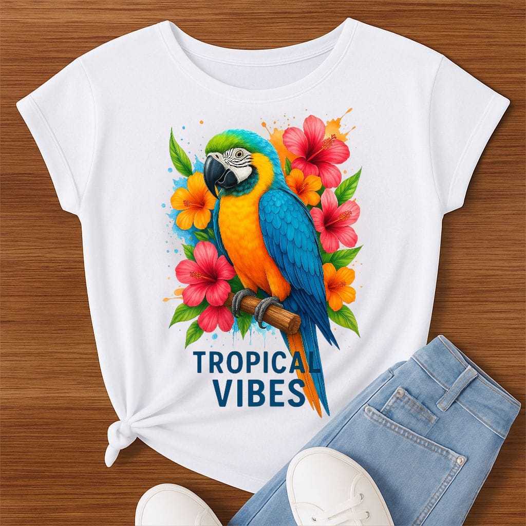 T-shirt 30.1 Camiseta Feminina Tropical Vibes Aves Estampa Colorida Verão Floral Estilosa Premium Envio Imediato