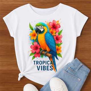 T-shirt 30.1 Camiseta Feminina Tropical Vibes Aves Estampa Colorida Verão Floral Estilosa Premium Envio Imediato
