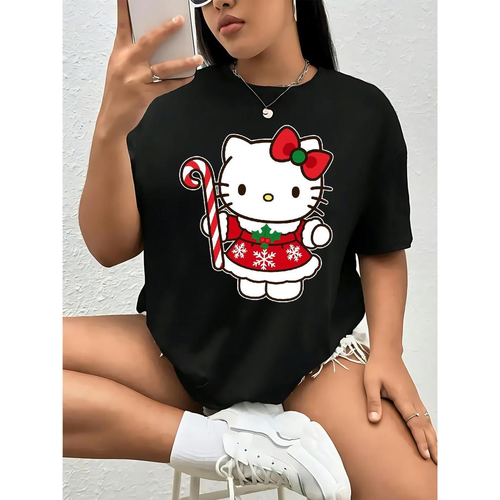 BR Moonlight Camiseta Feminina Plus Size Sanrio Hello Kitty Natal Laço Vermelho Bengala Doce Estampada Confortavel Fofa