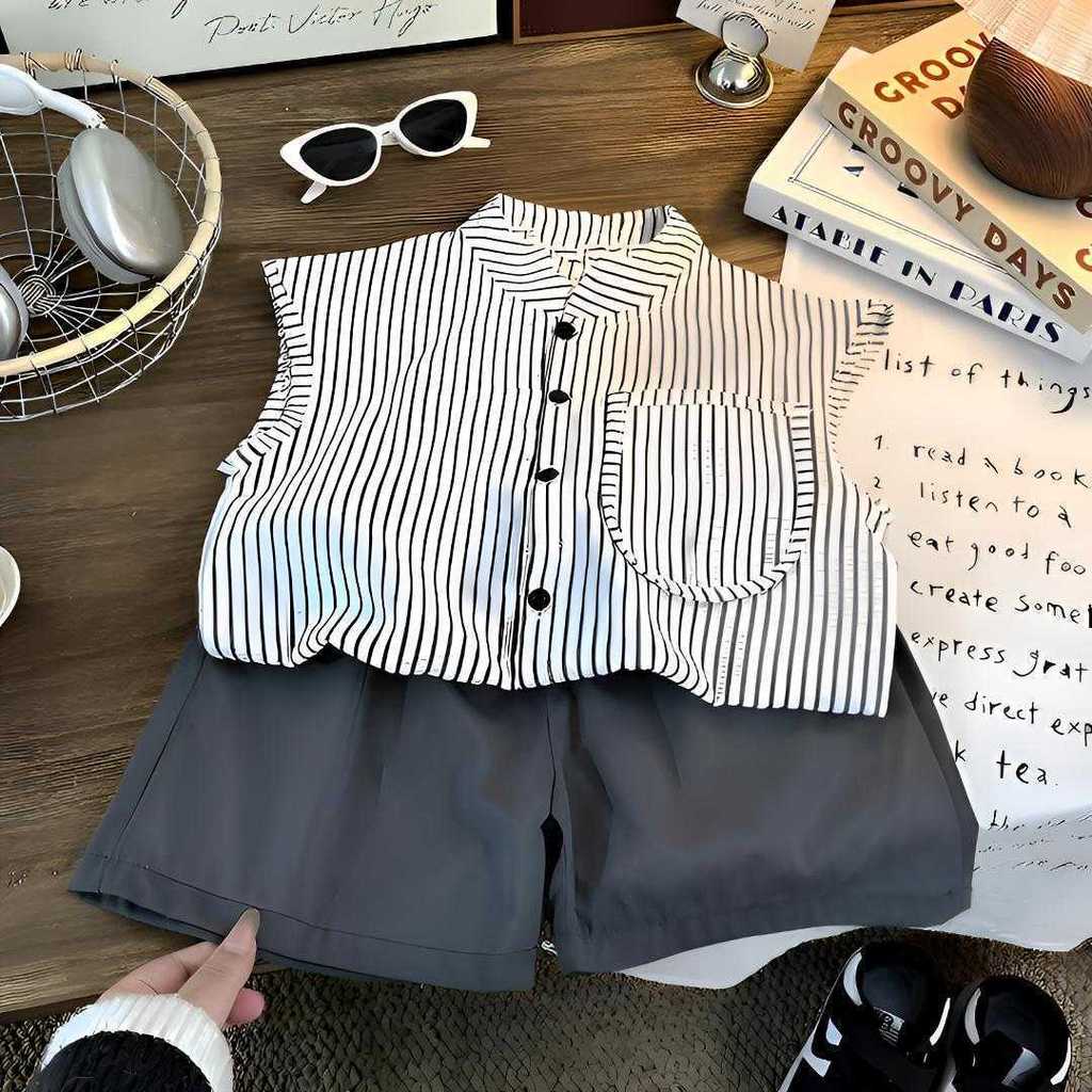 Crianças verão listrado terno superior 2025 novo estilo colete Shorts terno masculino feminino bebê sem mangas camisa te