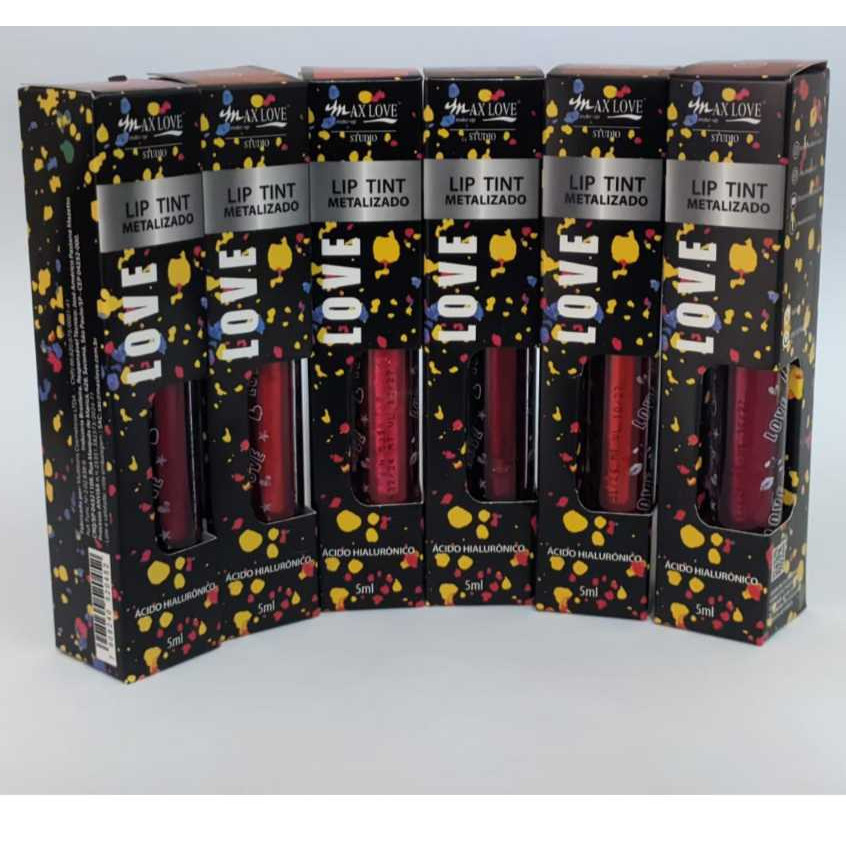 Lip Tint Metalizado Max Love Brilho Radiante Longa Duração Vegano 2 em 1 Batom e Blush