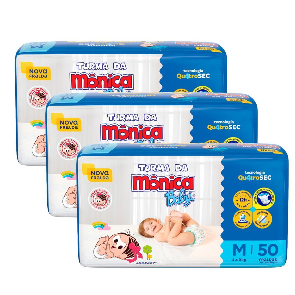 Kit 3 Fralda Infantil Turma da Mônica Baby Mega Tamanho M 50 Fraldas Descartáveis em Oferta na Shopee