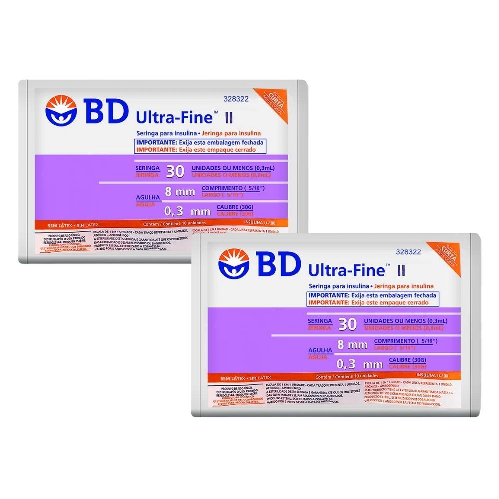 Kit 2 Seringa BD Ultra-Fine Insulina 30U Agulha Curta 8mm com 10 Unidades