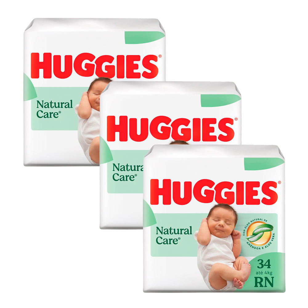 Kit 3 Fralda Premium Huggies Natural Care RN 34 Unidades em Oferta na Shopee
