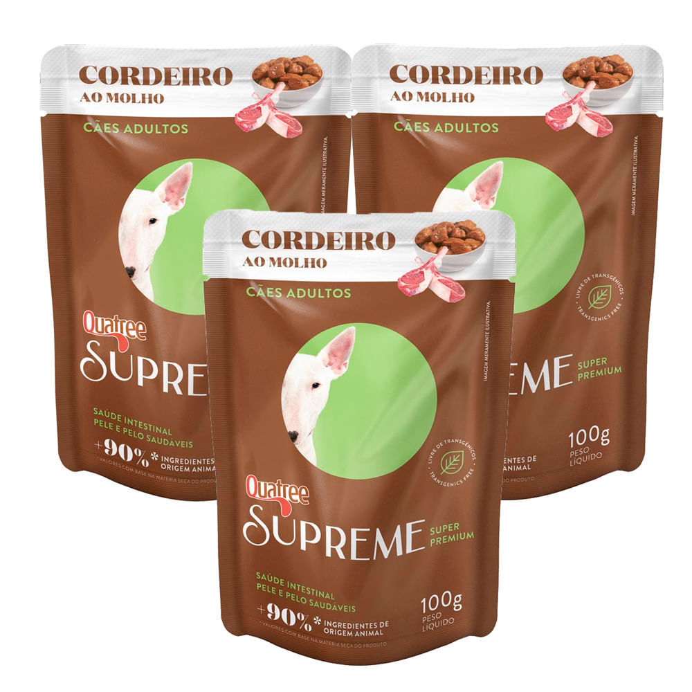 Kit 3 Ração Úmida para Cachorro Adulto Quatree Supreme Super Premium Sabor Cordeiro ao Molho Sachê 100g em Oferta na Shopee