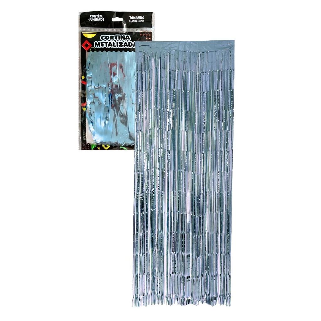 Cortina Metalizada Azul Bebê em Fita Decoração Festa