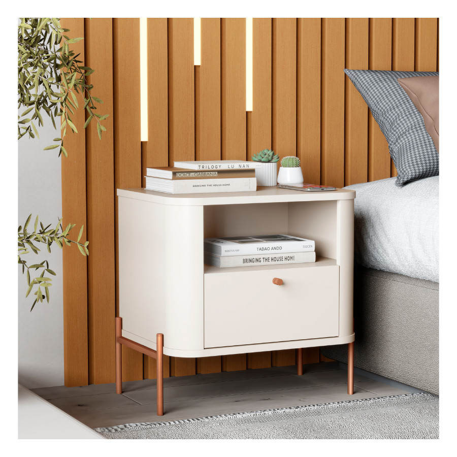 Mesa de Cabeceira Off White Bronze Tucupí JB Bechara Pés Ferro Moderna para Quarto Casal e Solteiro
