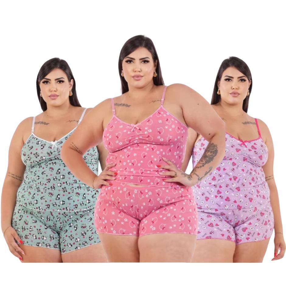 Kit 3 Pijama Verão Baby Doll PLUS SIZEl Short Doll MICRO ESTAMPADO E LISO Feminino Noite Fresquinho