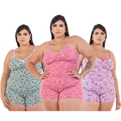 Kit 3 Pijama Verão Baby Doll PLUS SIZEl Short Doll MICRO ESTAMPADO E LISO Feminino Noite Fresquinho
