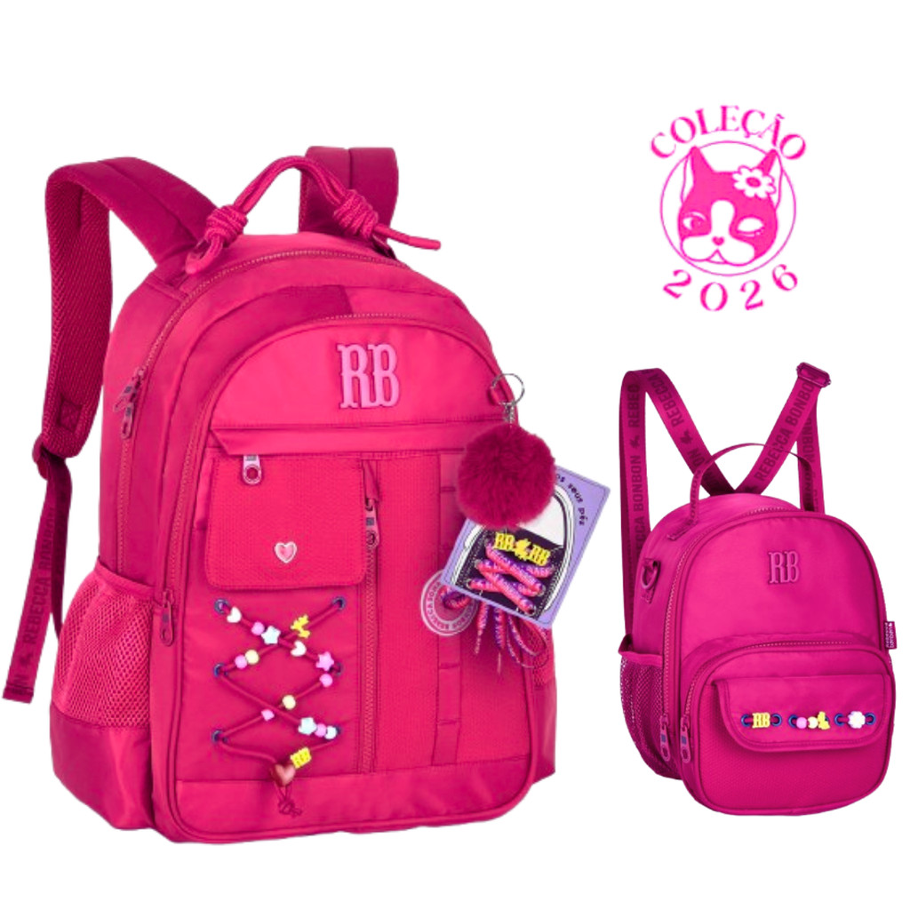 Kit Mochila de Costas com par de cadarços e Lancheira Rebecca Bonbon Beaded Fun Cor:Rosa em Oferta na Shopee