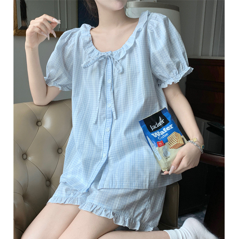 Pijama xadrez azul feminino verão novo estilo pequeno fresco Shorts de manga curta Loungewear terno confortável versão d
