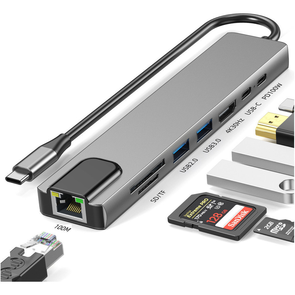 Hub USB-C 8 em 1 HDMI 4K RJ45 USB 3.0 SD TF PD 100W Adaptador Notebook MacBook Celular