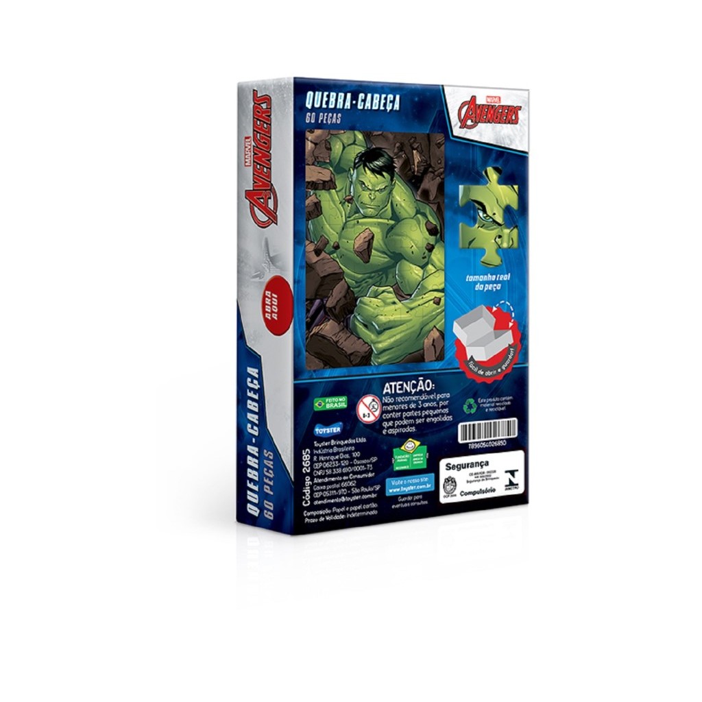 Detalhes do Quebra Cabeça Vingadores Hulk 60 Peças 2685 - Toyster