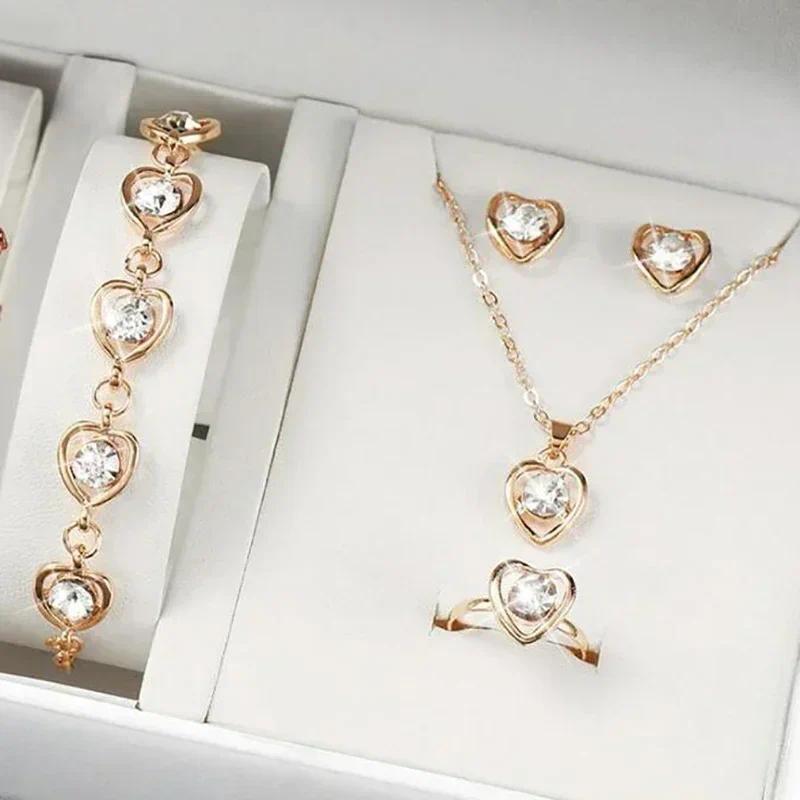 5 Pçs Conjunto De Ouro-Cor Em Forma De Coração Conjuntos De Jóias De Anel Brincos Colar Para Mulheres Elegância Strass D