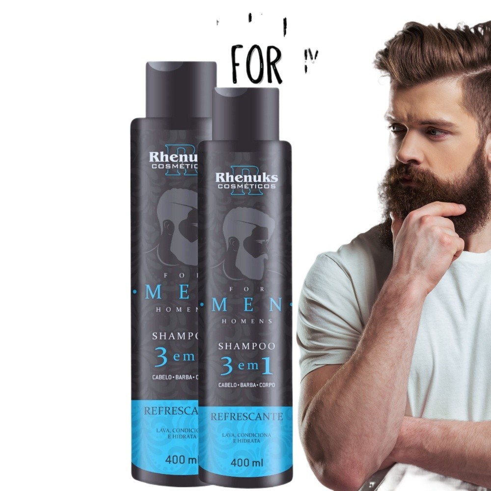 KIT 2 unidades Shampoo For Men 3 em 1 cabelo barba e corpo Rhenuks 400ml Homem