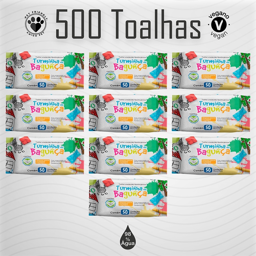 Kit 10 Toalhas Umedecidas Turminha da Bagunça 50 Folhas 98% Água Lenço Umedecido
