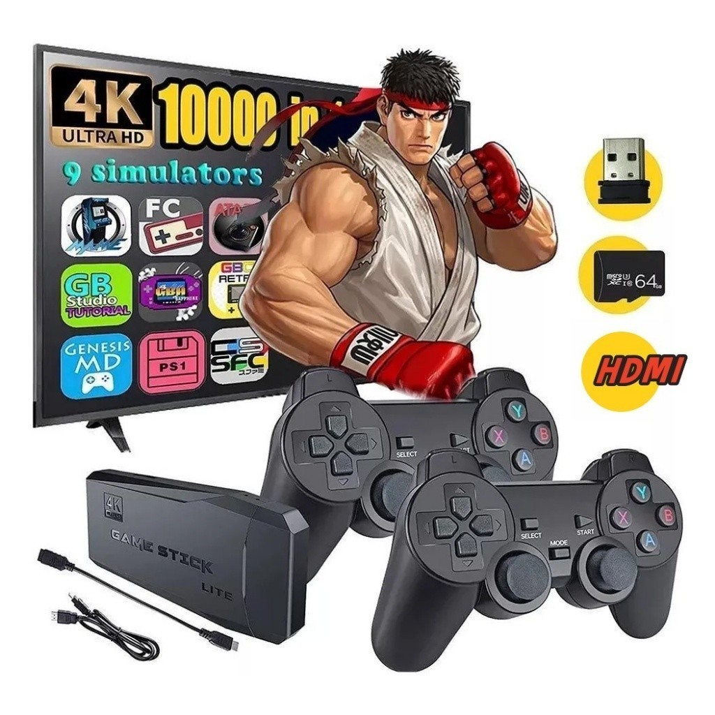 Videogame Stick 4K 64gb 2 Controles Sem Fio Console Portatil Jogos Retro Antigo 10mil HDMI