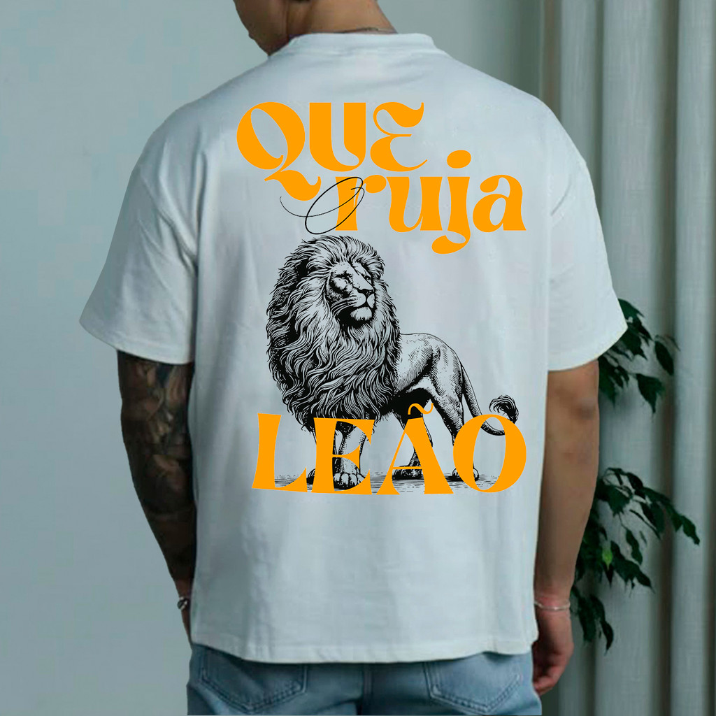 Camiseta Oversized Streetwear Cristã Que Ruja o Leão Estampa de Leão Malha Premium Algodão Conforto Fé Alta Qualidade