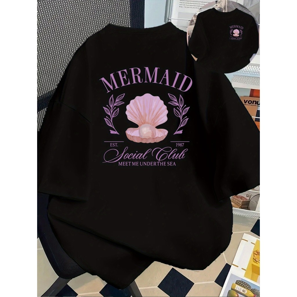 Camiseta Feminina T-shirt Vintage 1983 Sereia – Blusa Branca Oceano Casual Verão Gola Redonda