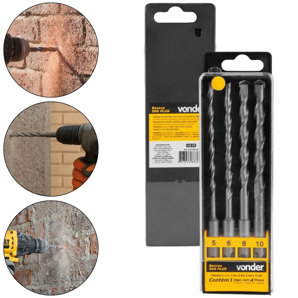 Kit 4 Brocas SDS PLUS de Concreto, Alvenaria Para Martelete Perfurador - Vonder em Oferta na Shopee