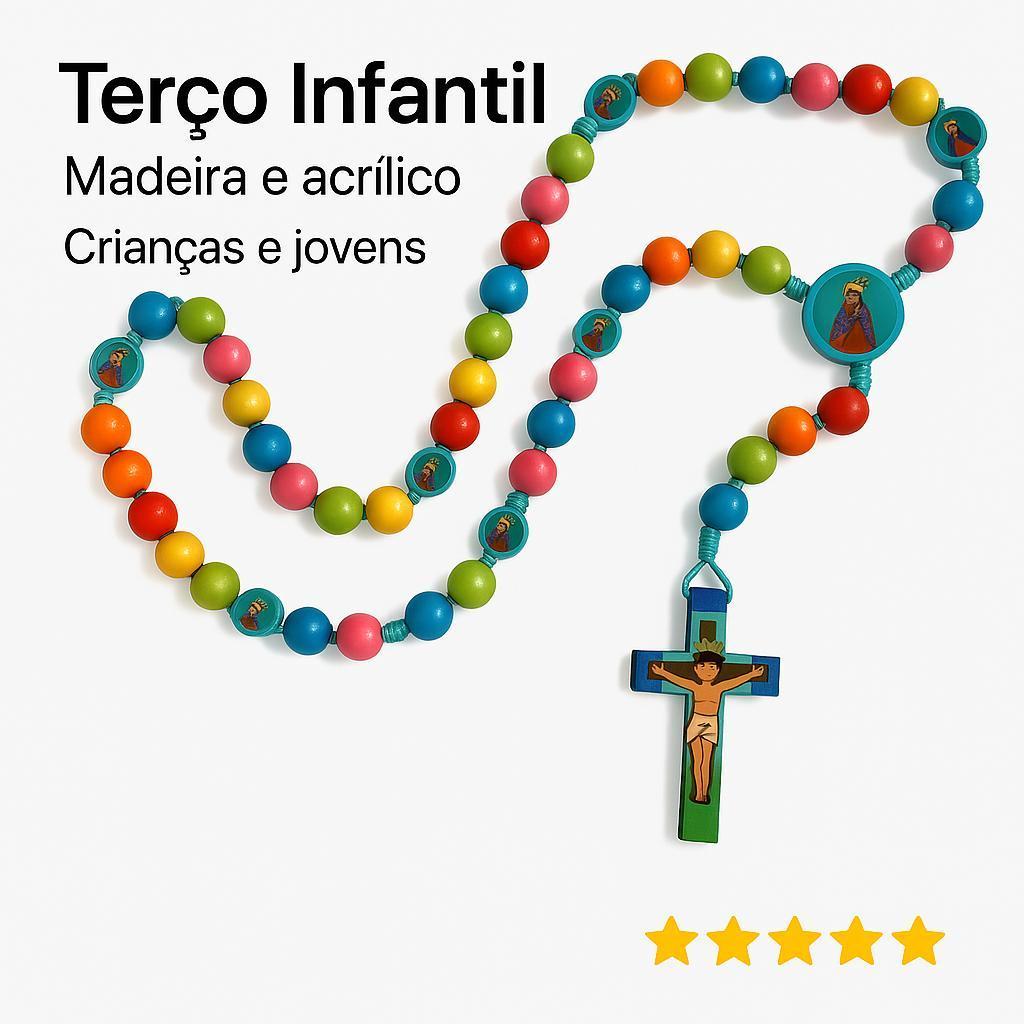 Terço Infantil Colorido de Madeira e Acrílico – Lembrancinha ou Presente de Batizado, Primeira Comunhão ou Crisma