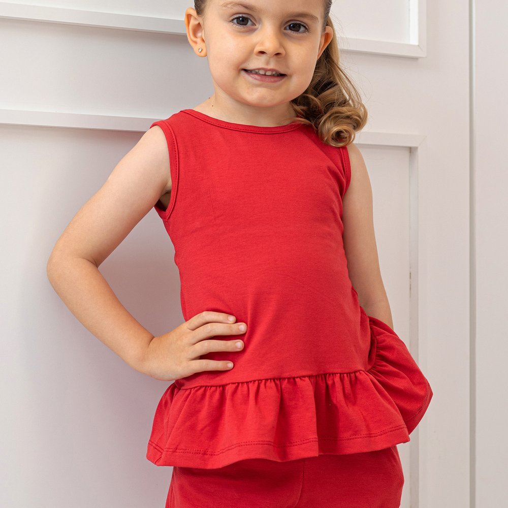 Conjunto Infantil Vermelho Blusa Regata Detalhe Costa Peplum Laço Shorts Bolsos Funcionais