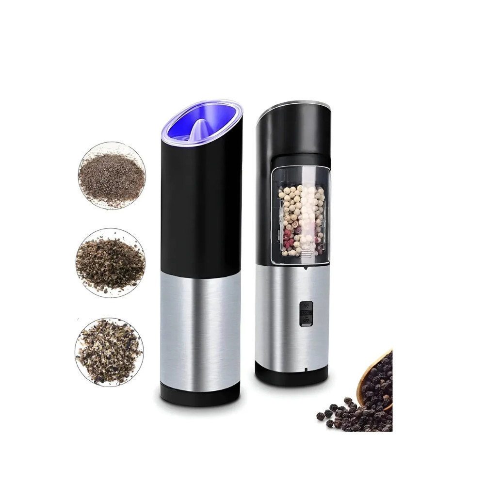 Moedor Elétrico Inox de Sal e Pimenta com LED e Sensor de Gravidade Moagem Ajustável