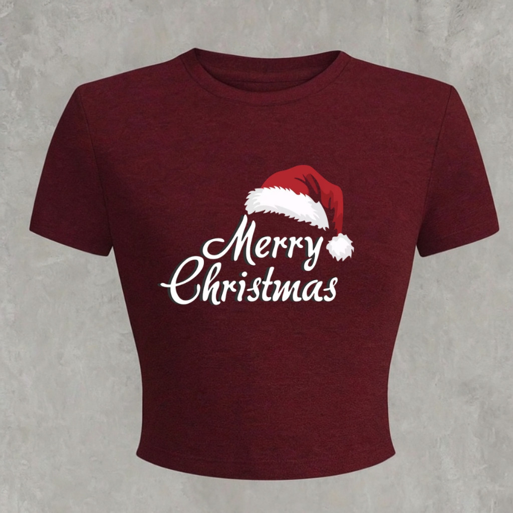 Blusa Feminina Cropped Algodão Merry Christmas Noel Gorro Natalino Casual