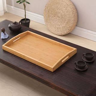 Oferta Bandeja Retangular De Bambu 46x33Cm E 40x28Cm Com Arco Ou Reto Alça Reta Decorativo em Oferta na Shopee