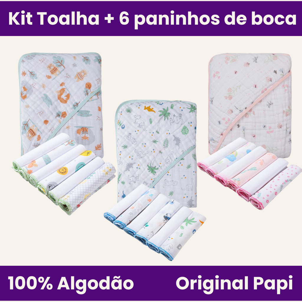 Kit Enxoval Toalha de Banho Capuz Papi + Paninho de Boca 6 unidades em Oferta na Shopee