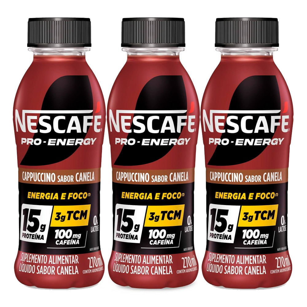 Kit 3 Suplemento Alimentar Nescafé Pro-Energy 15g de Proteína Capuccino Canela 270ml em Oferta na Shopee