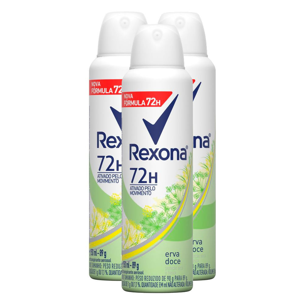 Kit 3 Desodorante Antitranspirante Aerosol Feminino Rexona Erva Doce 72 horas 150ml em Oferta na Shopee