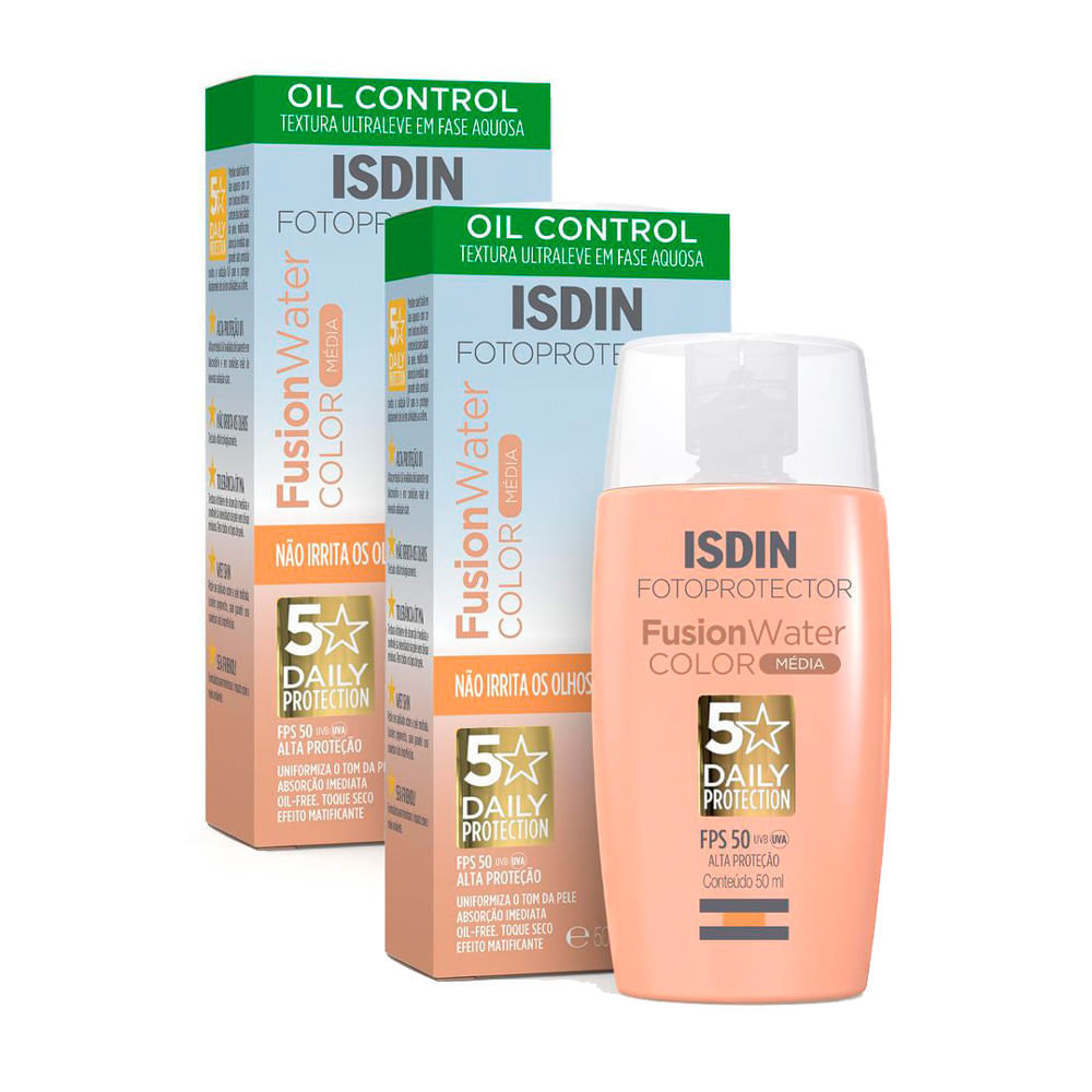 Kit 2 Protetor Solar Facial Isdin Fusion Water 5 Stars Color FPS 50 Cor Média 50ml em Oferta na Shopee