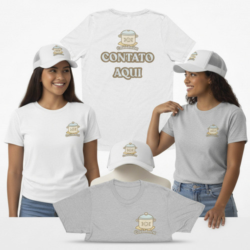 Kit Uniforme Cozinheira 2 Camisetas + 2 Bonés Premium TKM  Sua Logo Sua Marca Logo