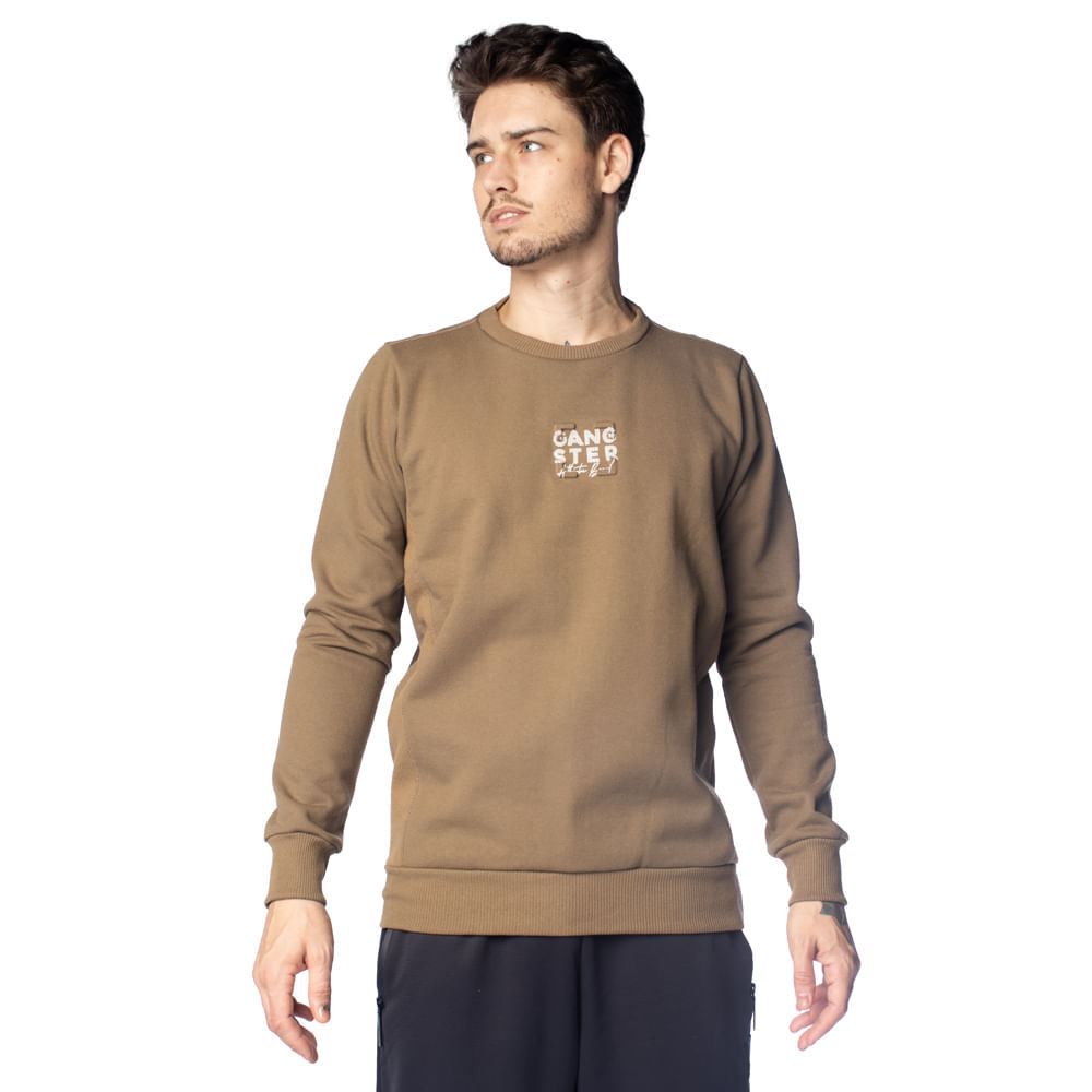 Moletom Masculino Gangster Estampa Lisa Costura Cáqui em Oferta na Shopee