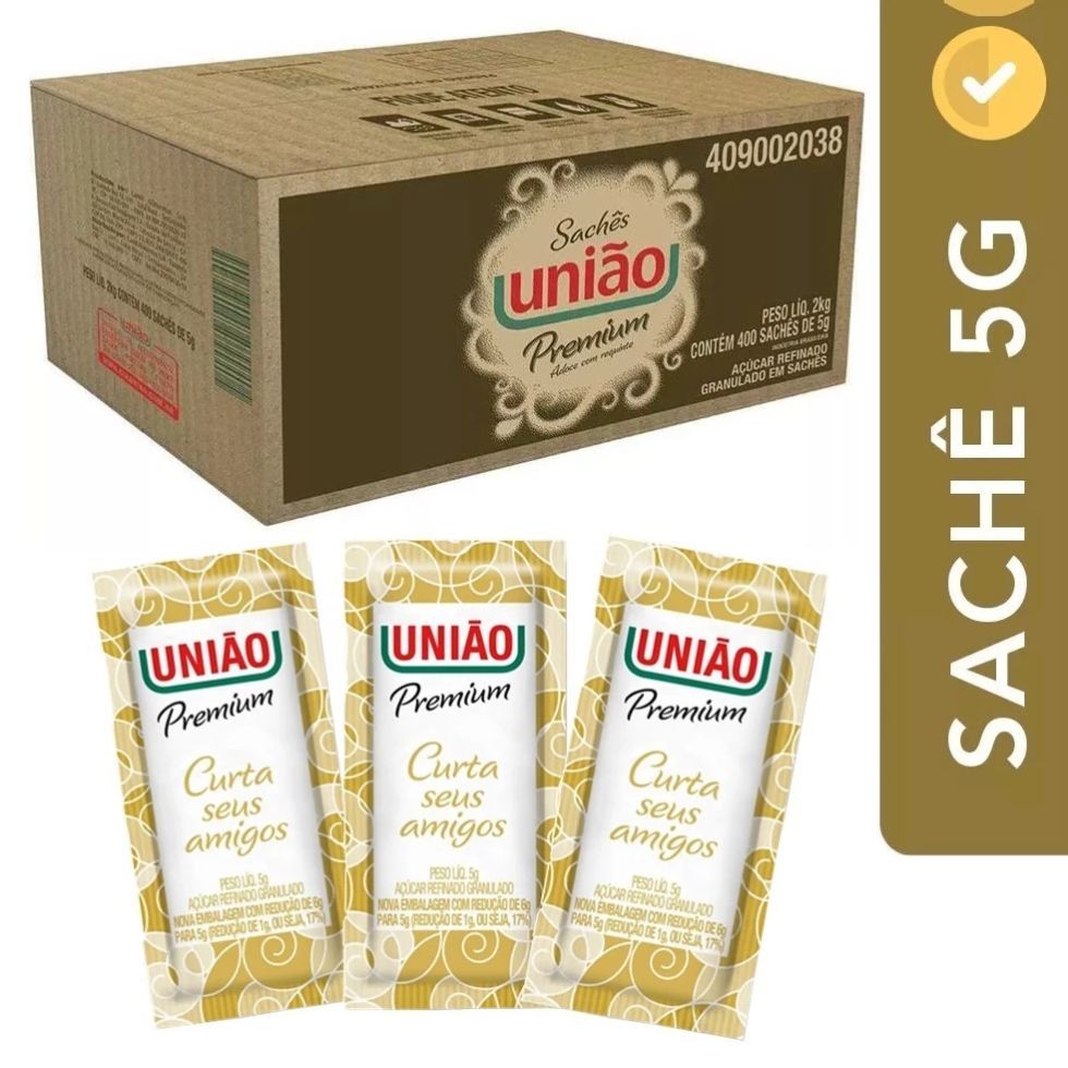 Açúcar Sachê Granulado União Refinado com 400 unidades em Oferta na Shopee