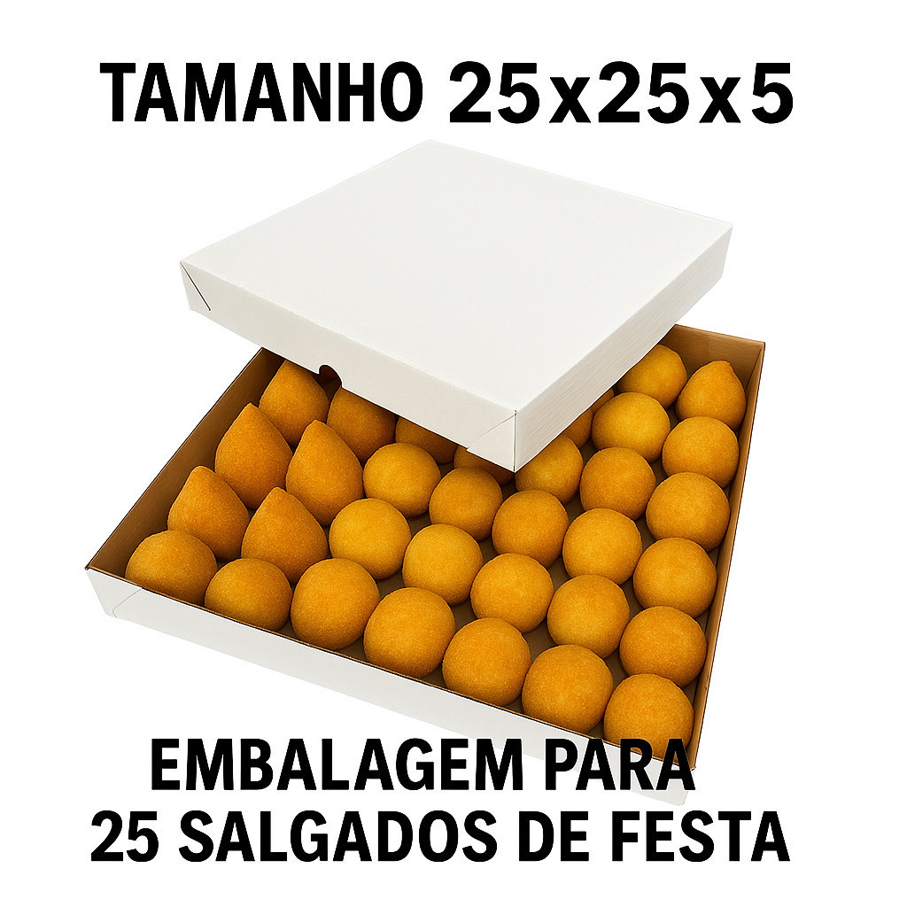 25 Caixa para Salgados e Doces – Papelão Branco e Kraft – 25x25x5 cm – Tampa e Fundo – 25 Unidades – Envio Imediato