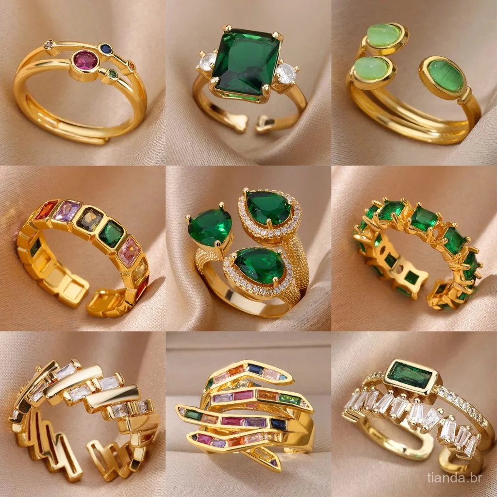 Anel Aberto de Zircônia Verde Estilo Banhado a Ouro 18K não irá descolorir Anel Verde Esmeralda — imagem 1