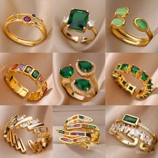 Anel Aberto de Zircônia Verde Estilo Banhado a Ouro 18K não irá descolorir Anel Verde Esmeralda