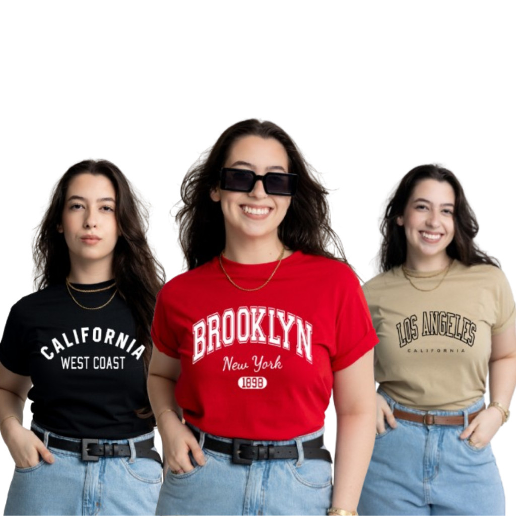 Kit 3 T-Shirt Feminina Camisetas California Brooklyn Estilo Americana Estampadas 100% Algodão