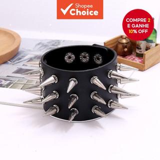 Pulseira de couro gótico rock unissex preta com spikes e rebites em três fileiras. em Oferta na Shopee