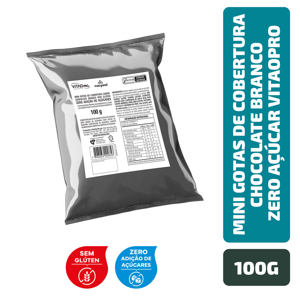 Mini Gotas de Cobertura sabor Chocolate Branco Zero Açúcar VitaoPRO 100g