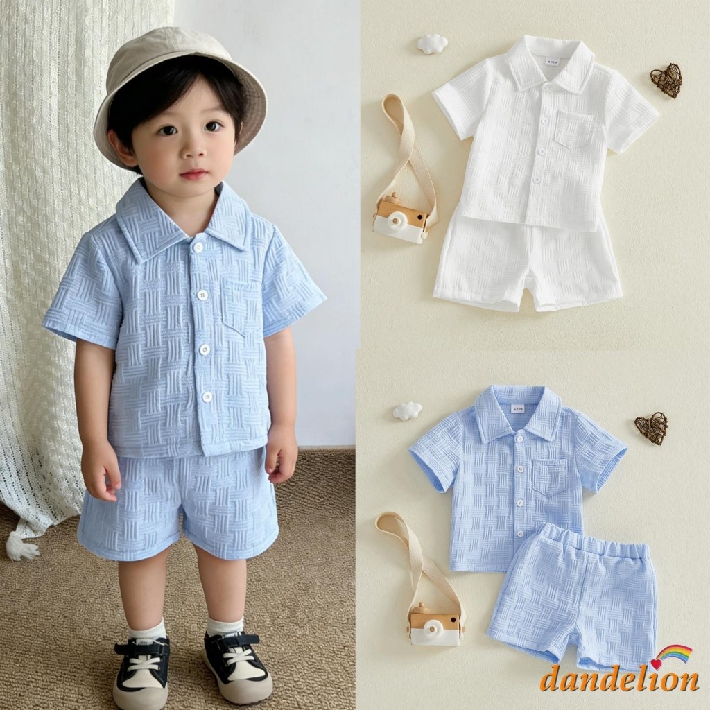 Conjuntos De Verão Para Bebês Meninos , Camisa De Manga Curta Com Lapela E Botões Shorts De Cor Sólida em Oferta na Shopee