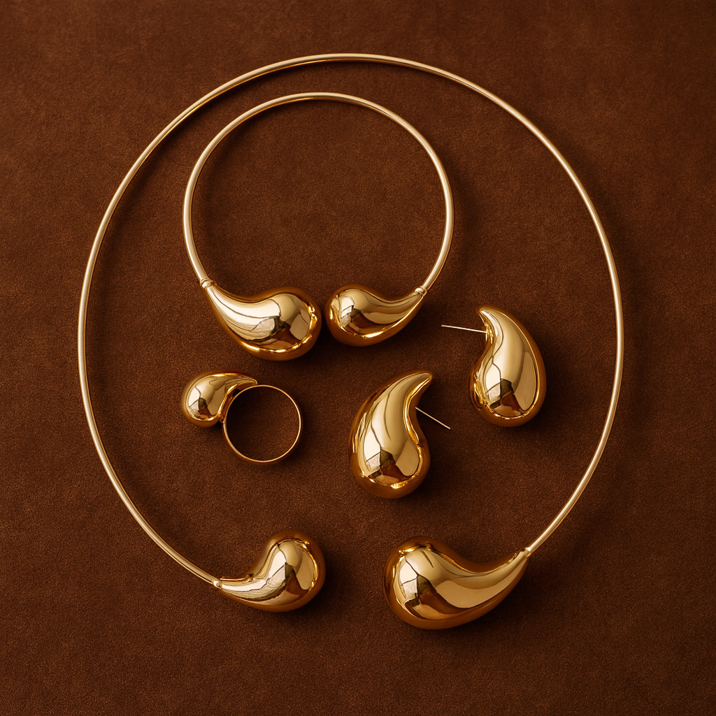 Conjunto Gota Pingo Colar Bracelete Anel Brinco Médio Dourado ou Prata Acessórios Femininos Brincos