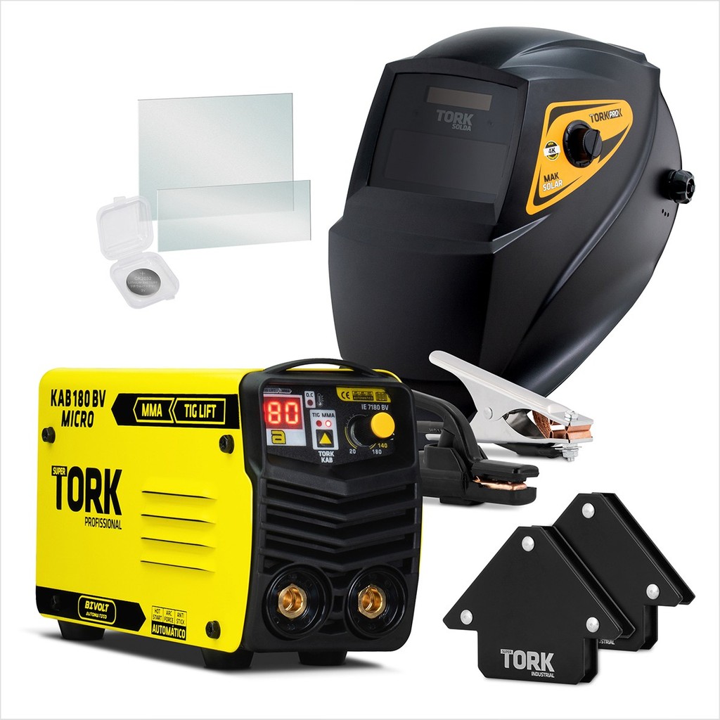 Aparelho Maquina de Solda 180A Bivolt 127/220V Super Tork+ Mascara 4K Esquadro Tork