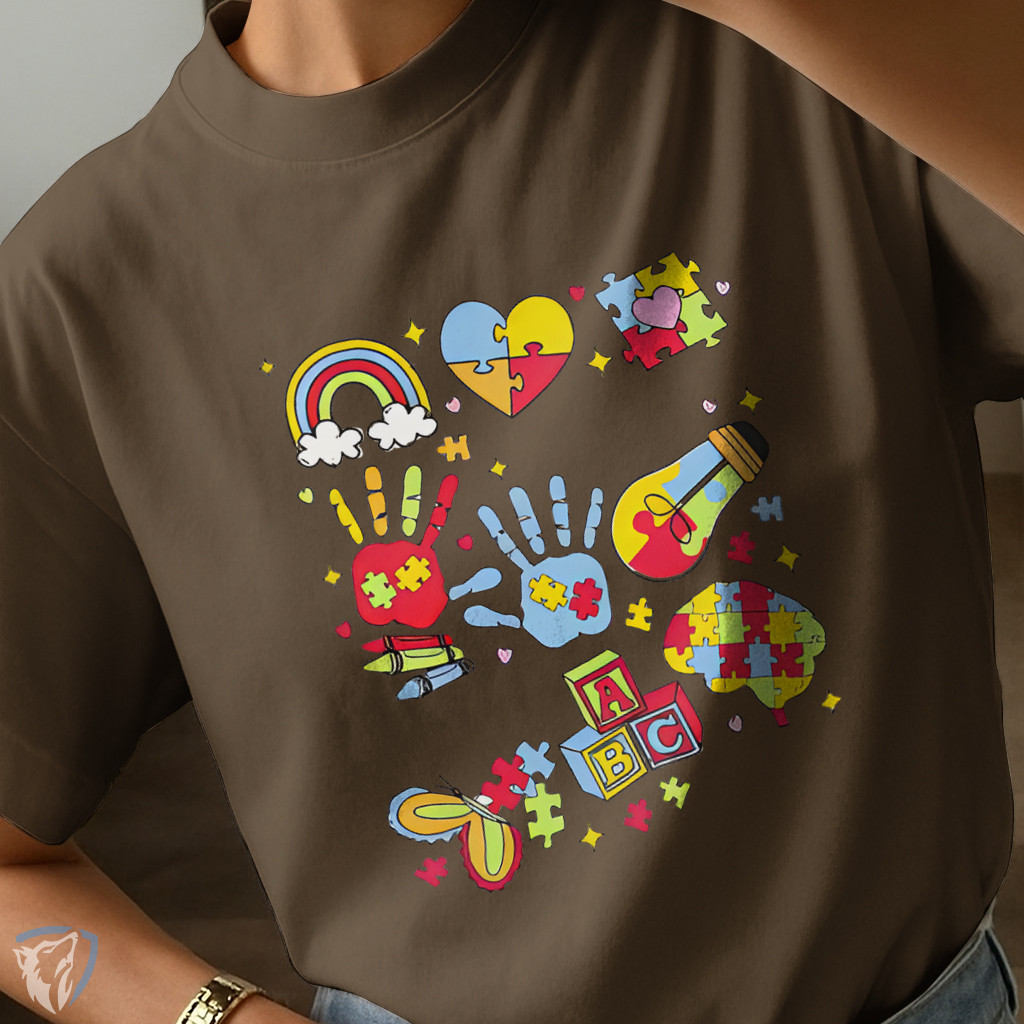 Camiseta Unissex Estampada Infantil Criativa | Mãos Coloridas, Coração e Quebra-Cabeça