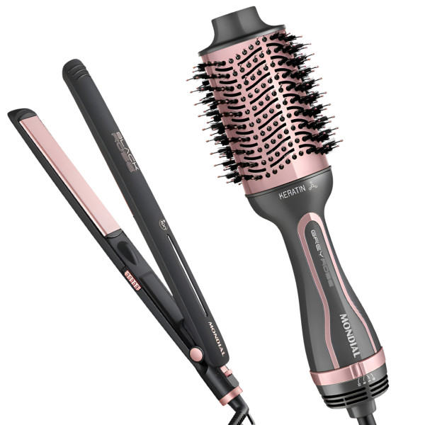 KIT Escova Secadora ES11 Keratin Chapinha P27 Tourmaline Mondial Bivolt Seca Alisa Modela em Oferta na Shopee