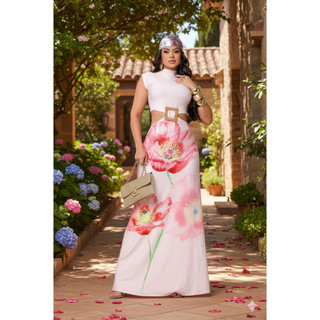 Vestido Longo Feminino Floral para Resenha Chic sem Manga e Cintura